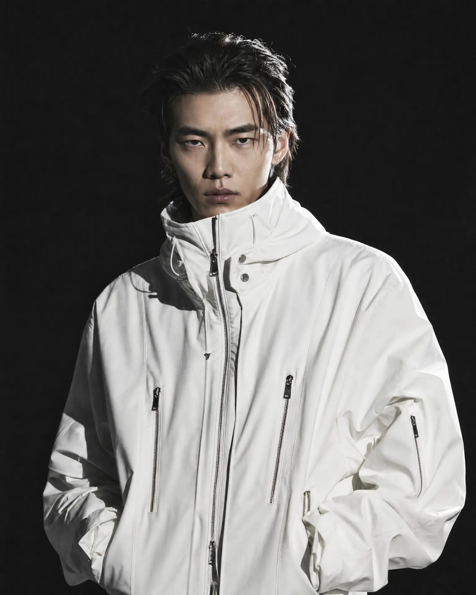 Kenji Arai in a white technical jacket against a void backdrop