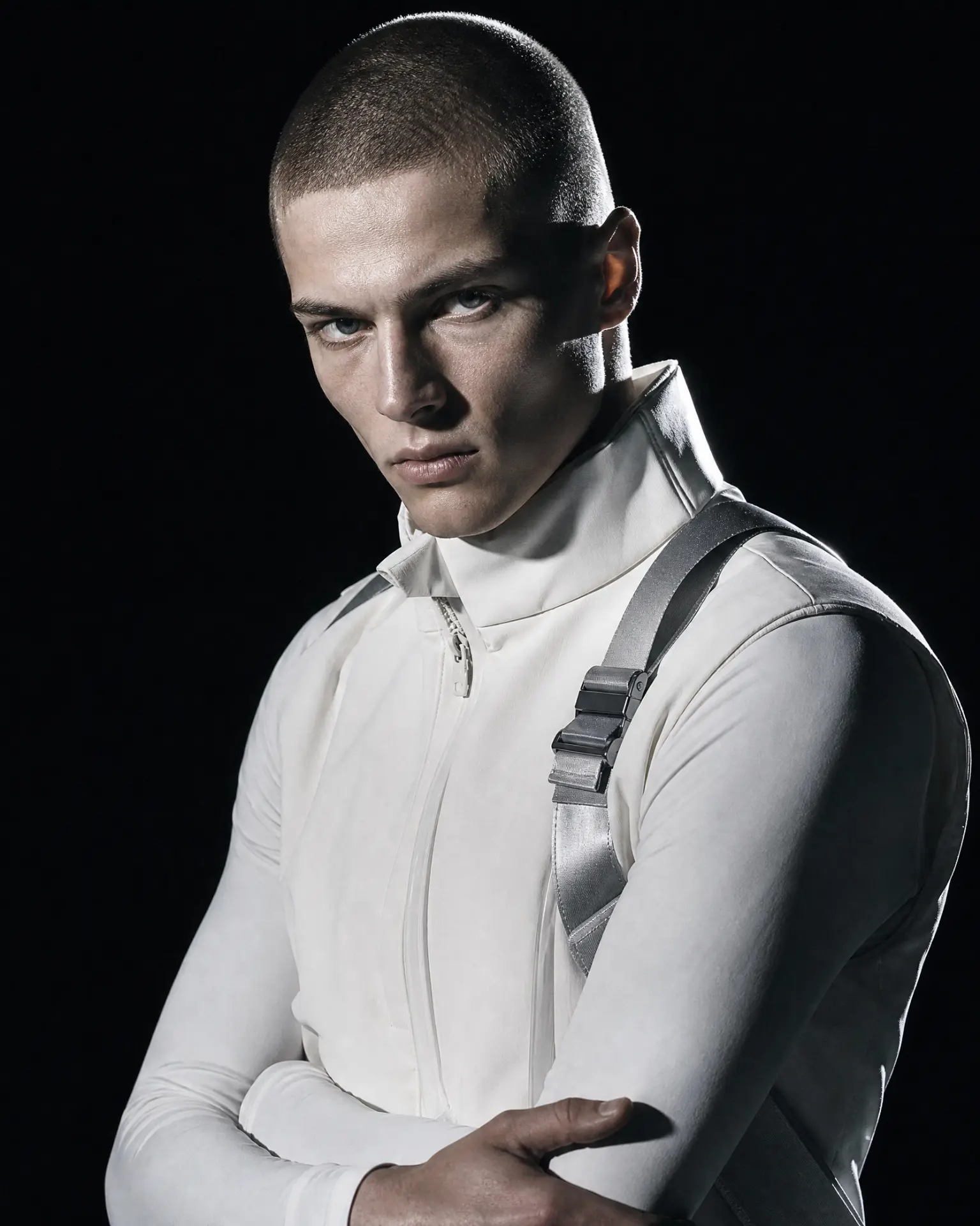 Aleks Novak in a white harnessed base layer
