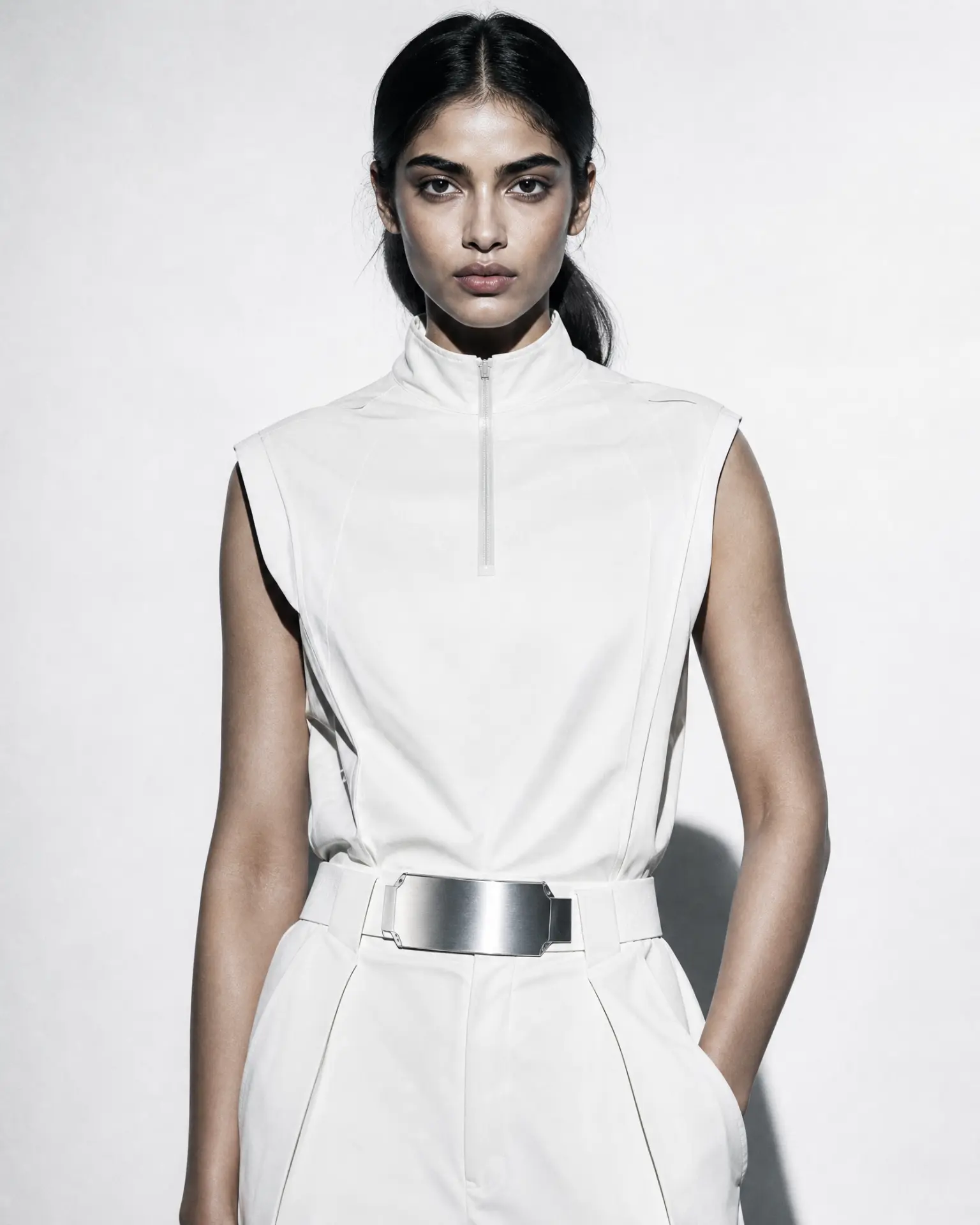Nila Raghunathan in a white sculpted uniform