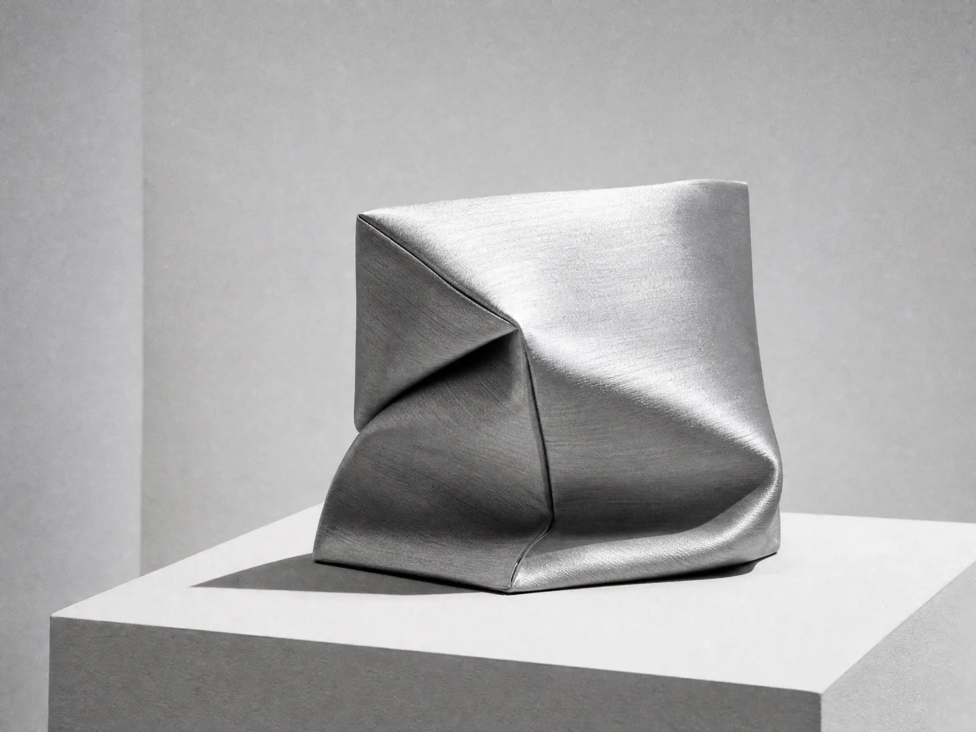A folded brushed-silver form resting on a pale plinth
